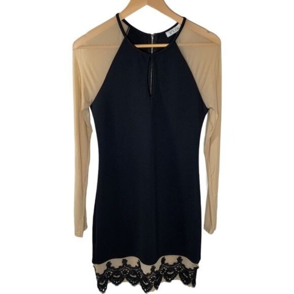 Cisa Black Tan Long Sleeve Mesh Lace Hem Sheath Dress Size M - Picture 1 of 11